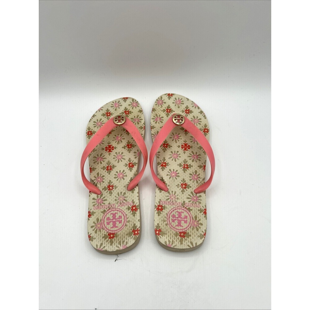 Tory Burch Thin Flip Flop Sandals Womens 8 Pink Floral Logo Thong Beach Pool